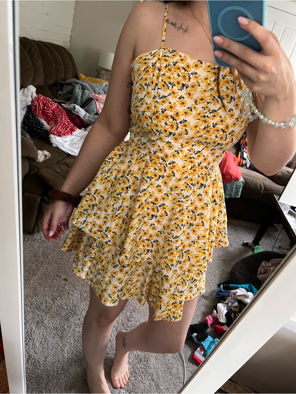 Yellow Floral Tiered Spaghetti-Strap Romper